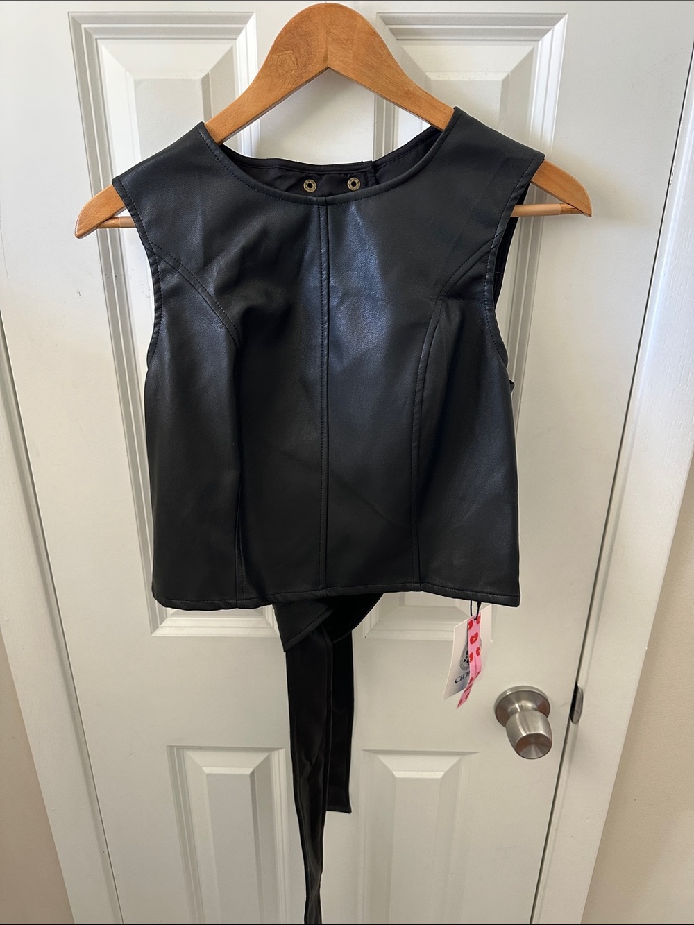Cider Black Faux Leather Top with Tie Detail